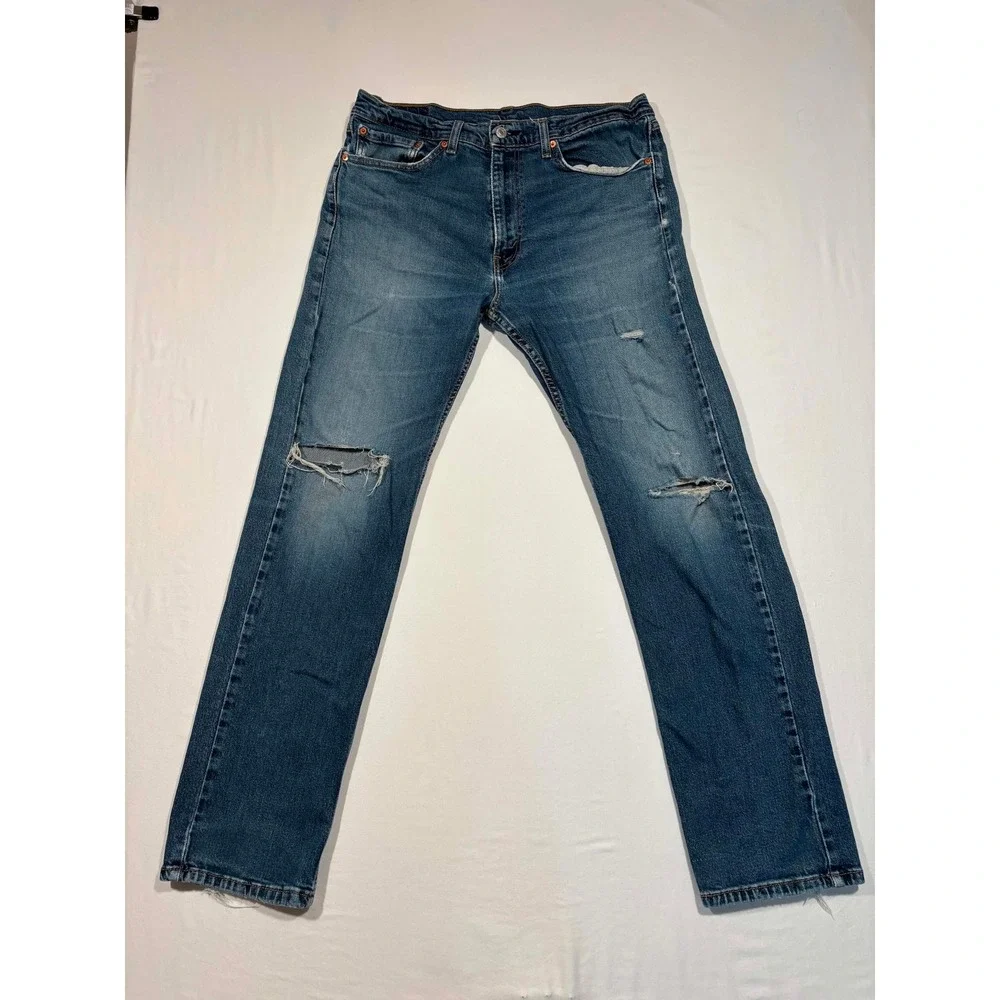 Levis 505 Regular Fit Straight Leg Jeans Mens 36x34 Blue Distressed Denim